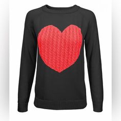 a black sweater with a red heart on it