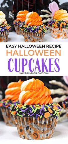 halloween cupcakes with orange frosting and sprinkles on the top