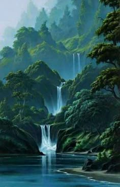 a painting of a waterfall in the middle of a forest