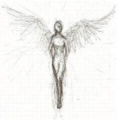 a drawing of an angel with wings on a sheet of graph paper, drawn by hand