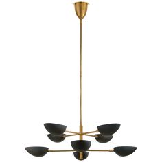 a brass chandelier with black glass shades