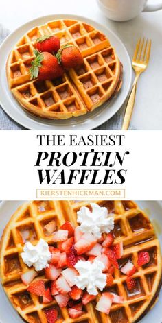 two waffles with strawberries and whipped cream on top are shown in this collage