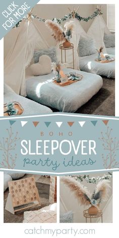 a collage of photos with the words sleepover party ideas in blue and white