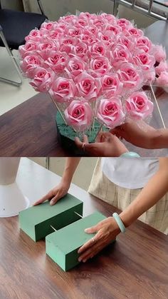 two pictures one with pink roses and the other with green box holding flowers in it