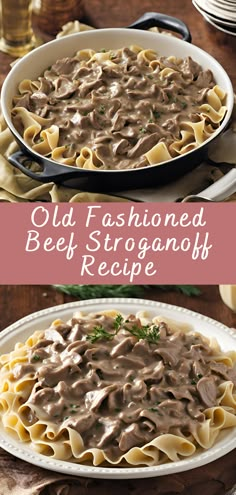 an old fashioned beef stroganoni recipe is shown in two different pans