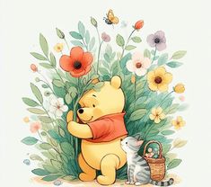 winnie the pooh and her kitten hug in front of flowers with a bee on it