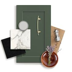 an assortment of items are displayed on a white background with black and gold accents, including a green door