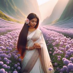 a woman with long hair standing in a field of flowers wearing a white sari