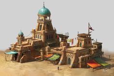 an artistic rendering of a castle in the middle of desert with flags flying from it