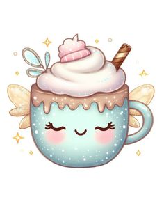 a cup filled with whipped cream and a fairy wings on the top, surrounded by stars