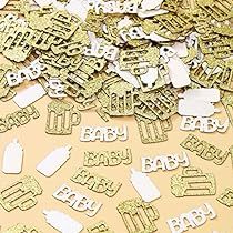 lots of gold and white baby shower confetti