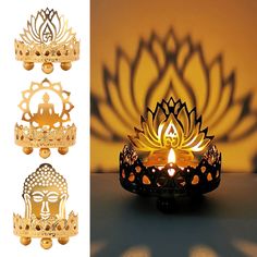 a decorative candle holder made out of metal and decorated with an image of a lotus