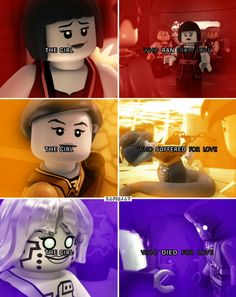 the lego movie is shown in four different colors and font styles, including one with an evil look on his face