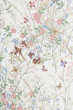 a wallpaper with flowers and deers on the side, all in different colors