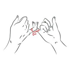 two hands reaching up to touch each other's fingers with red ribbon on white background