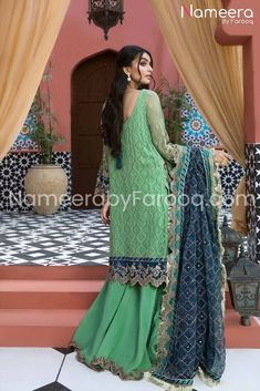 Short Shirt with Sharara Short Shirt With Sharara, Satin Suit, Pakistani Formal Dresses, Fancy Shirt, Latest Salwar Kameez, Pakistani Designer Suits, Designer Salwar, Satin Trousers, Chiffon Collection