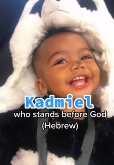 a little boy wearing a bunny costume with the caption, kadmiej who stands before god hebrew