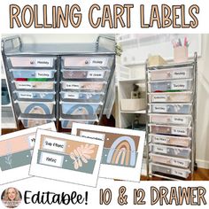 several drawers are stacked on top of each other in this collage with the words rolling cart labels