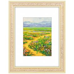 a painting of a field with flowers and mountains in the background