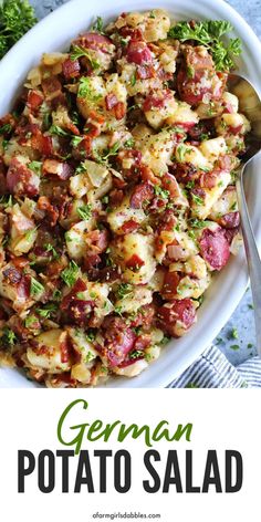 a white bowl filled with potato salad on top of a table