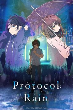 an anime movie poster with two people standing in the rain holding umbrellas over their heads