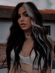 #beauty #hairstyle #aesthetic #fashion #womenstyle Money Piece Hair Dye Ideas, Black Hair With Front Pieces, Hottest Brunette Hair Color, Black Hair With Blonde Money Piece Only, Black Blonde Money Piece, One Piece Dyed Hair, Peekaboo Color Lash Extensions, Strip Of Blonde In Black Hair, Dark Hair With One Streak Of Color