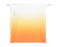 an orange and yellow ombreed cloth hanging on a white wall with the word phi printed on it