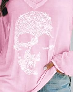 Lasaky - Rhinestone Skull Pattern Casual Long Sleeve T-shirt Rhinestone Skull, Belted Robe, Skull Pattern, Cami Set, Graphic Style, Lace Lingerie Set, Cuffed Pants, Lace Cami, Casual T Shirt