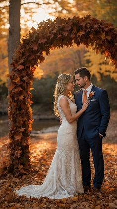 Magical Outdoor Fall Wedding Ideas For Your Big Day On A Budget Fall Wedding Snacks, Wedding Arch Autumn, Wedding Arch Flowers Autumn, Fall Outdoor Photoshoot Setup, Fall Leaves Wedding Arch, Fall Leaves Down Wedding Aisle, Fall Wedding Next Feild, Rustic Color Palettes, Fall Backyard