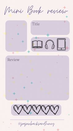 an image of a book review page with hearts and stars in the background, on top of