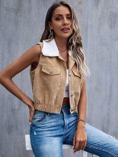 Khaki Casual Collar Sleeveless Polyester Colorblock Vest Embellished Non-Stretch  Women Outerwear Circus Monkey, Women Outerwear, Women Jackets, Denim Vest, Outerwear Women, Vest Jacket, Circus, Color Blocking, Mom Jeans