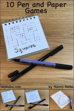 an image of a notebook with writing paper and pens on it that says, 10 pen and paper games by nanny anta