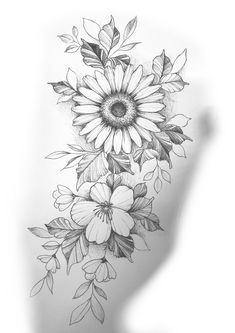 a drawing of a sunflower with leaves and flowers in the center on a white background