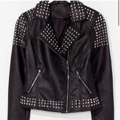 Nasty Gal Born To Be Wild Faux Leather Jacket With Studded. Nwt Size Small Trendy Studded Outerwear For Winter, Studded Winter Outerwear For Party, Fall Party Leather Jacket With Studs, Studded Winter Party Outerwear, Trendy Studded Fall Outerwear, Trendy Studded Leather Jacket For Fall, Fall Party Biker Jacket With Rivets, Trendy Studded Outerwear For Fall, Studded Black Outerwear For Fall