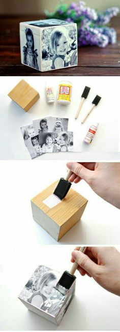 the process to make a diy photo block with matchesticks and paintbrushes