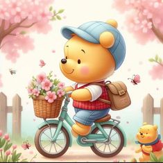 winnie the pooh on a bicycle with flowers and a teddy bear in the background