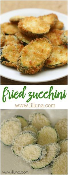 fried zucchini on a white plate with text overlay