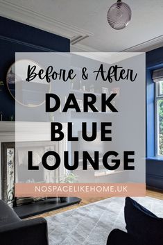 Dark blue lounge with fireplace and grey rug Dark Blue Reading Room, Small Living Room Blue Walls, All Navy Living Room, Blue Sitting Room Decor, Dark Blue Sunroom, Blue Sitting Room Walls, Sapphire Blue Living Room Decor, Navy Blue Walls And Ceiling, Navy Blue Lounge Decor