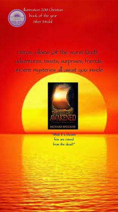 an advertisement for the book awaked, featuring a sunset over water and a silhouette of a