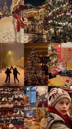 a collage of photos with people and christmas trees