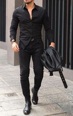 Casual Gentleman Style Outfits, Black Party Outfit Men, Black Boots Outfit Men, Men Night Out Outfit, Cocktail Party Outfit Men, All Black Outfit Men, Black Suit Men