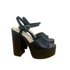 Womens High Heel Platform Sandals Blow Black Faux Leather Brand New In Box Chunky Block Heeled Shoes Open Toe And Back Side Buckle Heel Height Approximately 5.25 Inches Platform Height Approximately Just Under 2 Inches #Nwt #Trendy #Y2k #Fashion #Festival Chic Party Block Heels With Removable Insole, Party Heels With Removable Insole In Faux Leather, Leather Platform Block Heels For Night Out, Faux Leather Party Heels With Removable Insole, High Heel Faux Leather Sandals For Night Out, Platform Sandals For Night Out, Synthetic Material, Platform Sandals For Night Out, Synthetic, Leather Wedge Heel Block Heels For Party, Trendy Formal Sandals With Chunky Platform