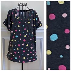 Closet Clean Out! Nwt Flamingo Brand Colorful Polka Dot Tee! Short Sleeve With Cuff, Fabric Is Soft And Heavier Weight With Terry Cloth Like Interior. Front Pocket And V-Neck. Spring Polka Dot Tops With Relaxed Fit, Cute Multicolor V-neck Top, Trendy Polka Dot Short Sleeve Tops, Fun Cotton V-neck Top, Trendy Short Sleeve Tops With Polka Dot Pattern, Trendy Polka Dot Cotton Tops, Relaxed Fit Cotton Polka Dot Tops, Short Sleeve Flamingo Print Summer Top, Polka Dot Short Sleeve T-shirt For Spring