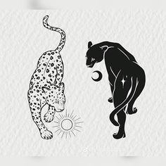 two black and white cheetah silhouettes, one with the moon in its mouth