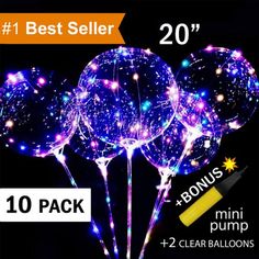 10 clear ballons with blue lights are in the shape of stars and sparkles