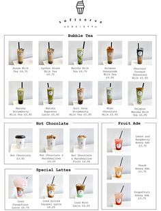 an info sheet with different types of drinks on it, including coffee and milkshakes