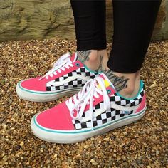 Bold Style Fashion, Vans Colorful, Customized Vans, Colorful Checkerboard, Vans Old Skool Checkerboard, Sneaker Heads, Cute Vans