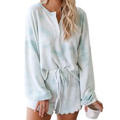 summer;exquisite workmanship, standard process, do not fade, not wrinkle Off the shoulder long sleeve tee tops and shorts pj set nightwear sleepwear for women, Drawstring elastic waist band, so you can adjustable waistline depend your need #bridelily #Nightwear #Pajamas #Sleepwear Blusas Crop Top, Women Tie, Wear Crop Top, Short Pj Set, Womens Pyjama Sets, Next Clothes, Tie And Dye, Crop Top Shirts, Tracksuit Set