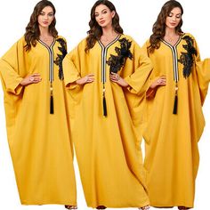 Trendy Fashion Oversize Islamic Women Abaya Farasha Casual Maxi Dress Loose Dubai Kaftan Jilbab, Women's Dresses Yellow Maxi Dress For Eid, Yellow Abaya For Eid, Yellow V-neck Dress For Eid, Women Abaya, Casual Maxi Dress, Maxi Dresses Casual, Casual Party, Types Of Fashion Styles, Women's Fashion Dresses