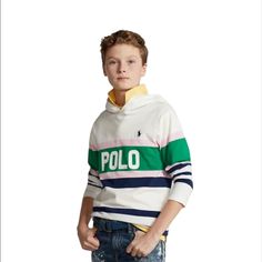 Size M (Size 10 Or 12) This Jersey Hooded Tee Combines Colorful Stripes With A Bold “Polo” Logo And Ralph Lauren Childrenswear's Signature Embroidered Pony. Product Details Hood Long Sleeves "Polo" Printed At The Center Front Signature Embroidered Pony At The Left Chest A Product Specifications Size Medium Has A 22.5" Body Length (Front And Back) And A 28" Sleeve Length Sleeve Length Is Taken From The Center Back Of The Neck Material & Care Cotton Machine Washable Sporty White Hooded T-shirt, Playful White Cotton Hoodie, Playful Pink Hooded Top, Playful White Hoodie Sweatshirt, Playful White Hoodie Top, Playful Multicolor Hooded Top, Playful Hooded Tops For Spring, Rugby Kids, Polo Shirt Girl